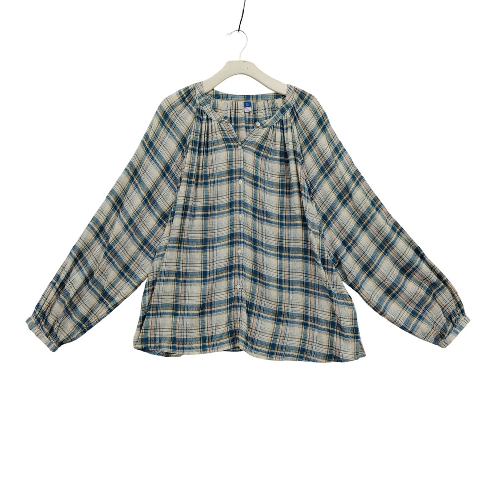 Old Navy Womens Coastal Cottage Poet Blouse XL Tall Blue Green Plaid Button Top